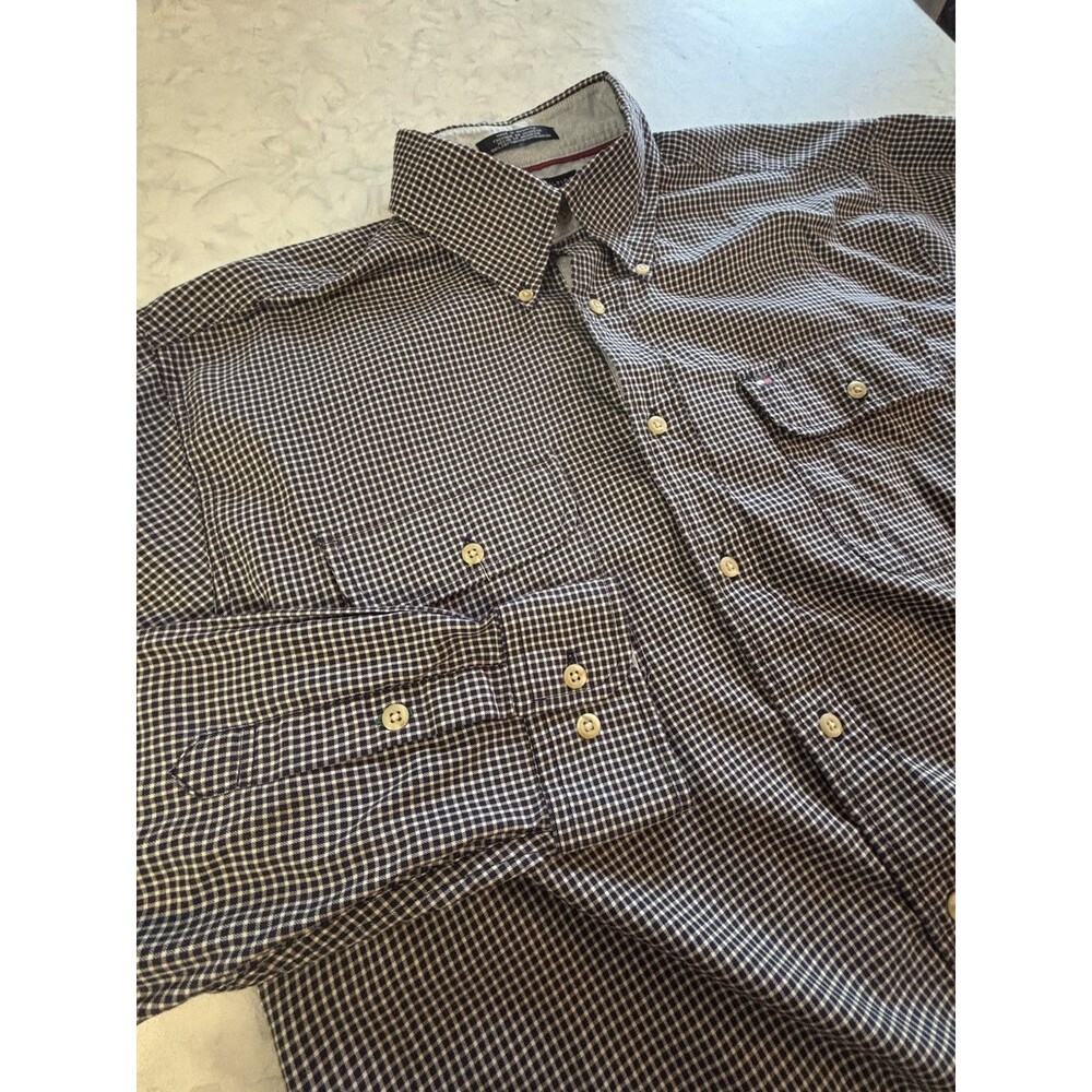 Tommy Hilfiger Mens Large L Gingham Check Long Sleeve Button Shirt Dual Pocket
